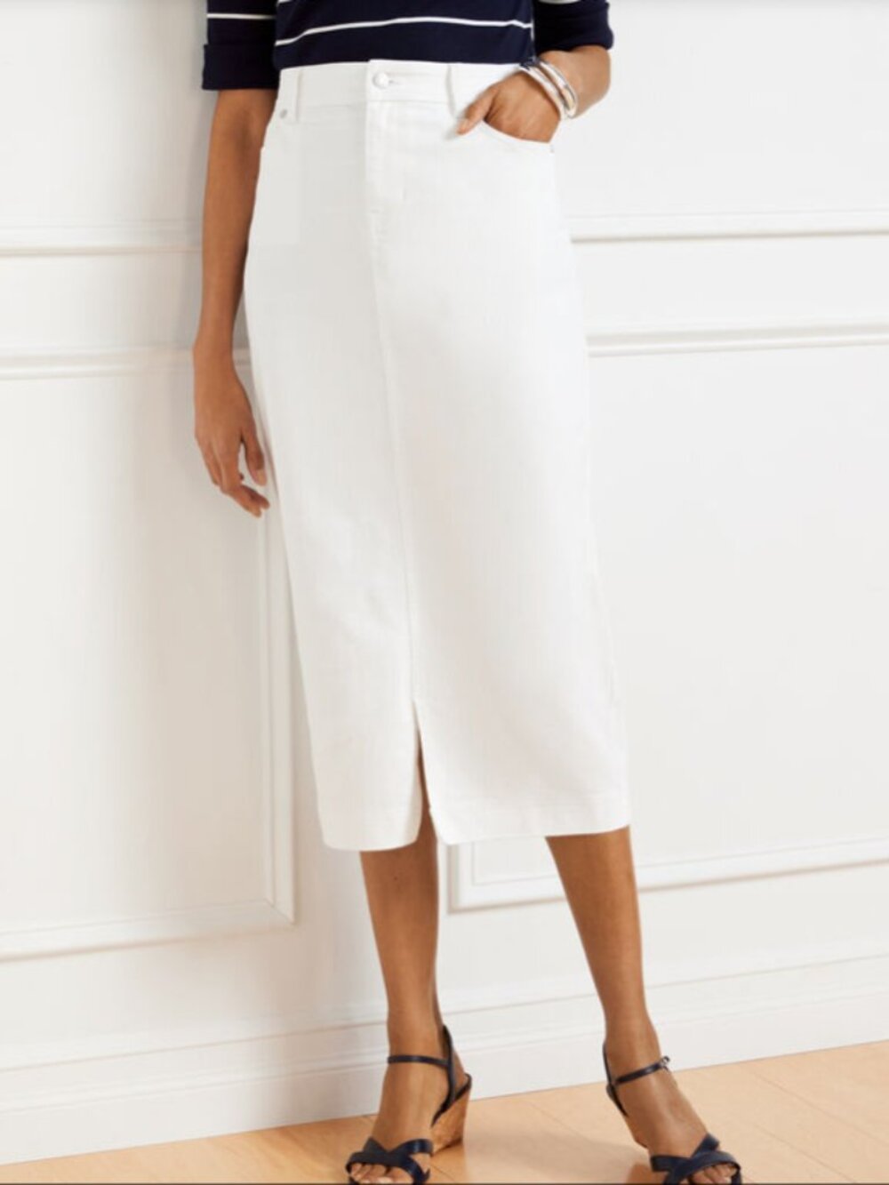 Talbots White Denim Cotton Blend Classic Pencil Midi Skirt Size 16
